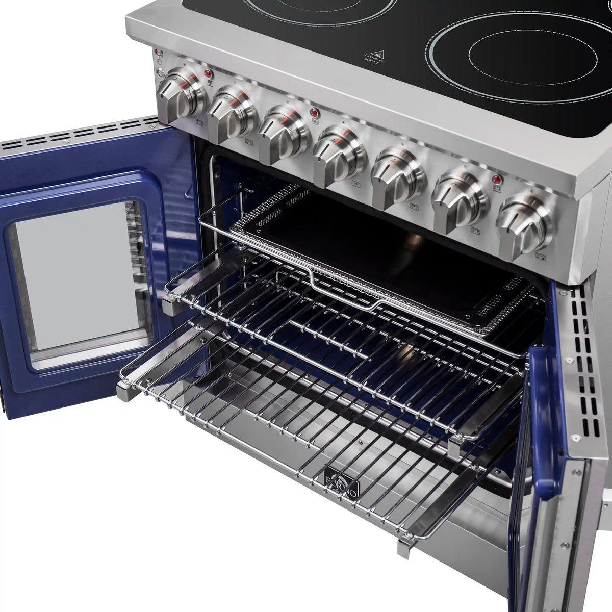 Electric range oven interior with wire racks and multiple control knobs on the back panel