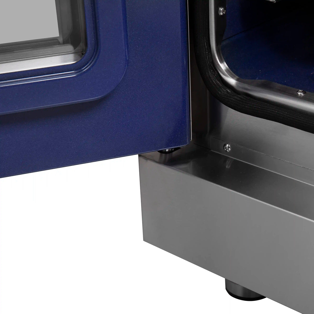 Freestanding electric range with blue side panel and stainless oven door edge