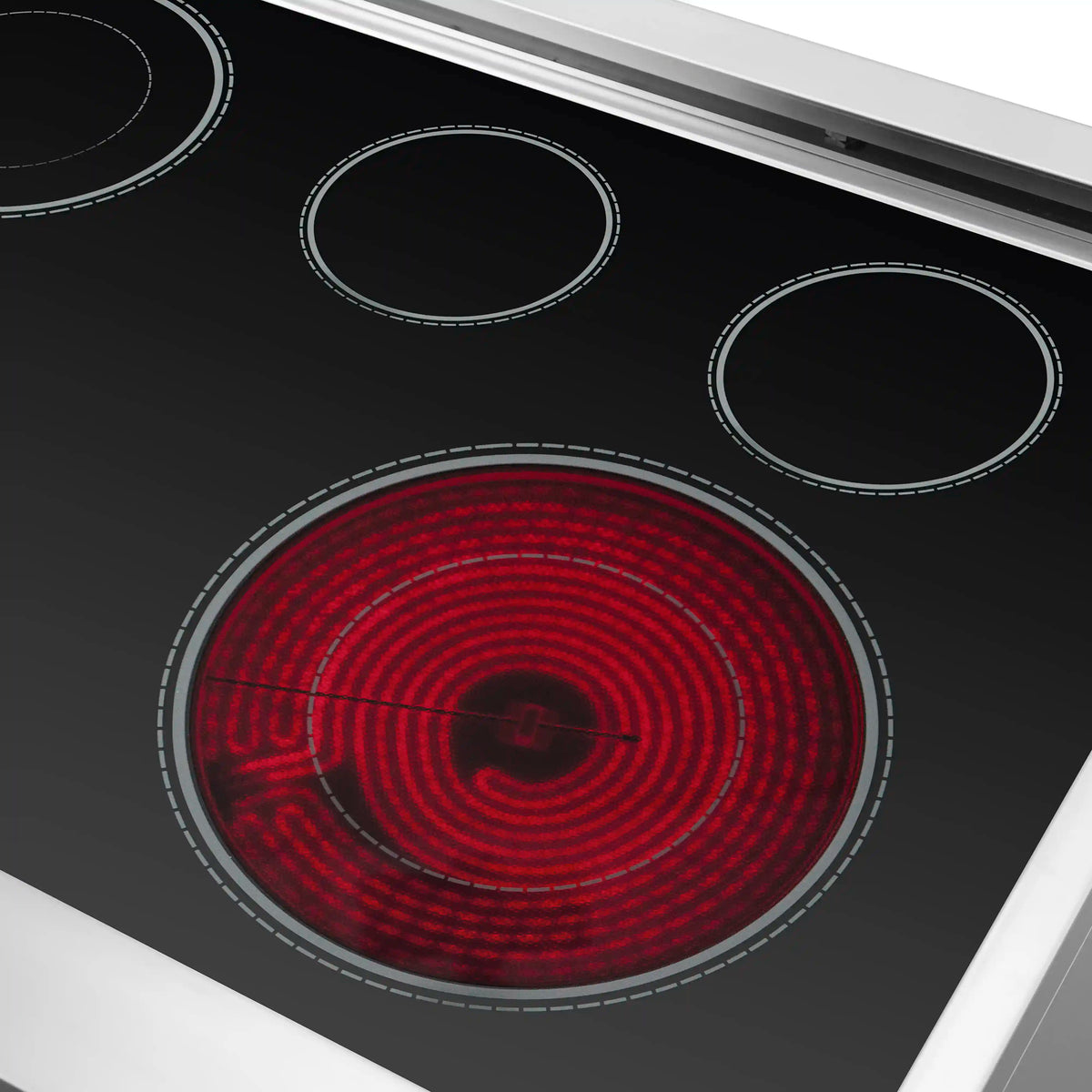 Electric cooktop glass with four black circular electric coil elements and white ring outlines