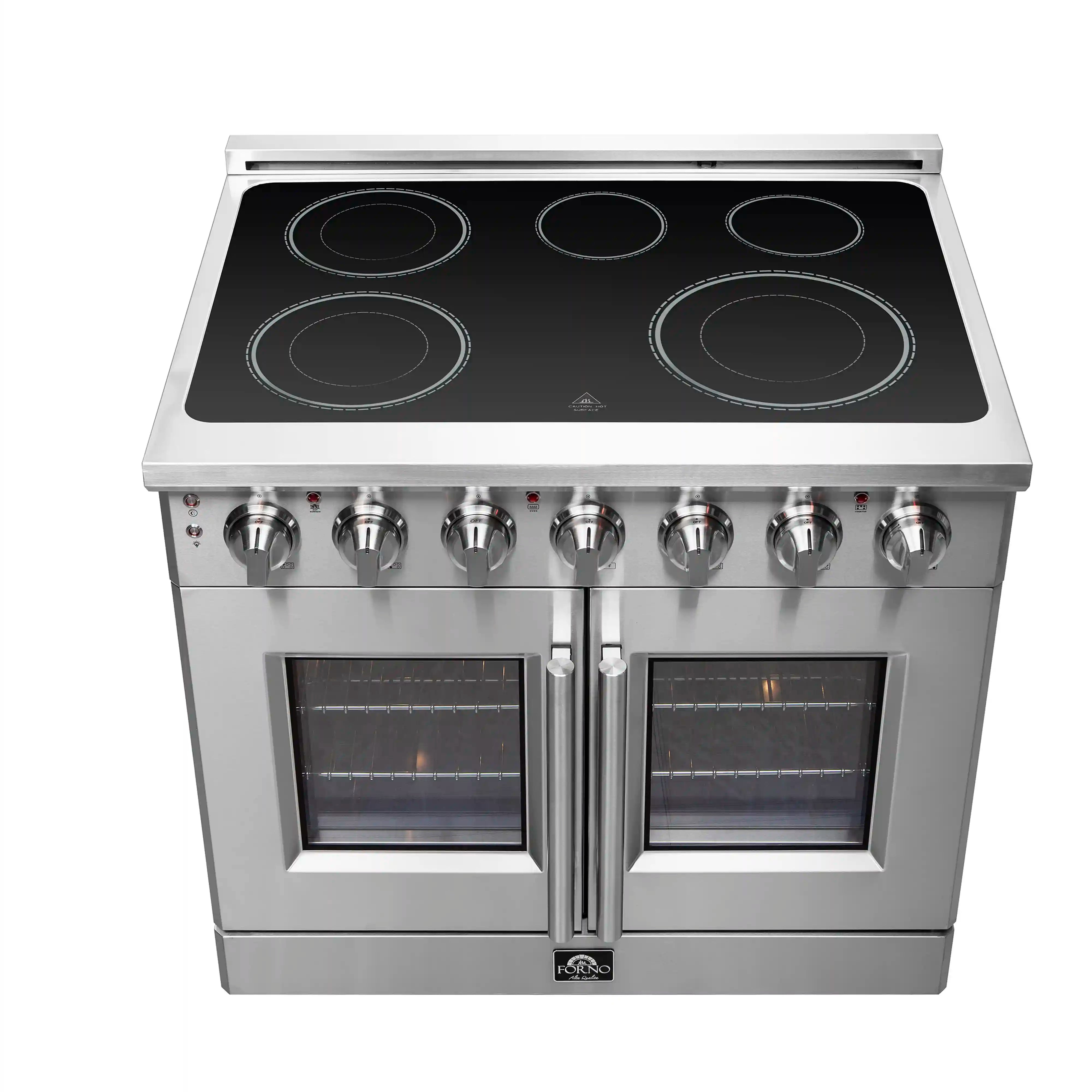 Stainless electric range front with six cooktop knobs and two oven doors with windows