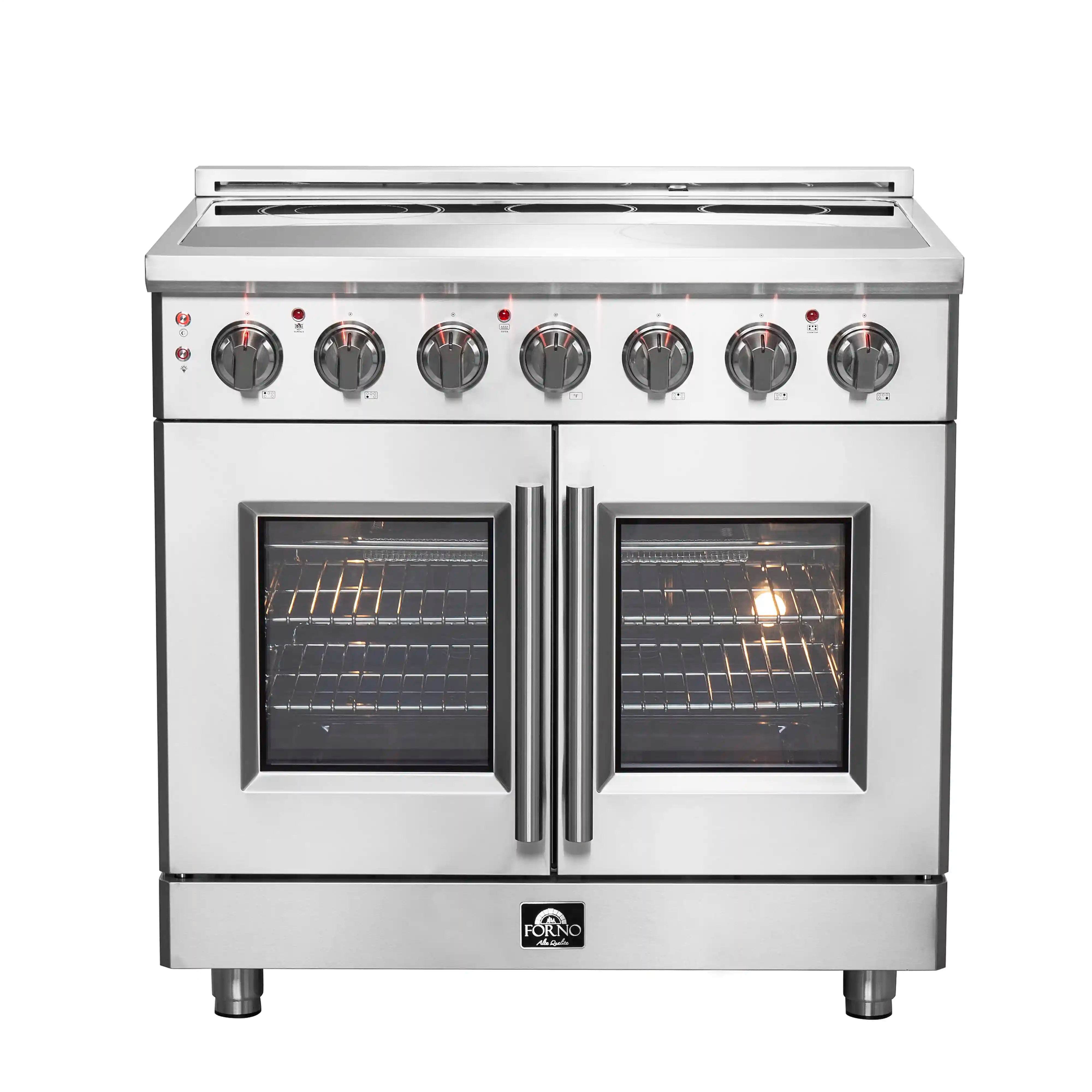 Stainless freestanding electric range with two oven door windows and top burner control knobs
