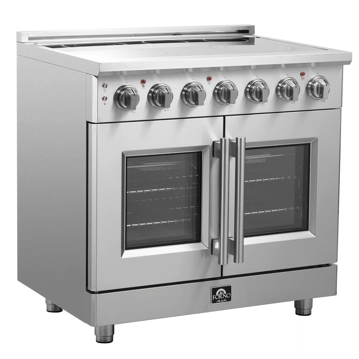 Stainless electric range with knob controls and two oven doors with black glass windows