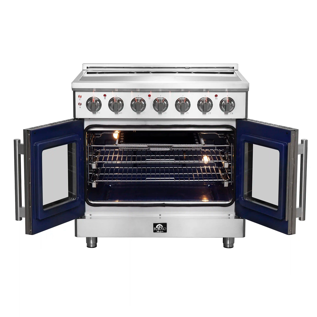 Stainless electric range with both oven doors open showing interior rack and blue side panels