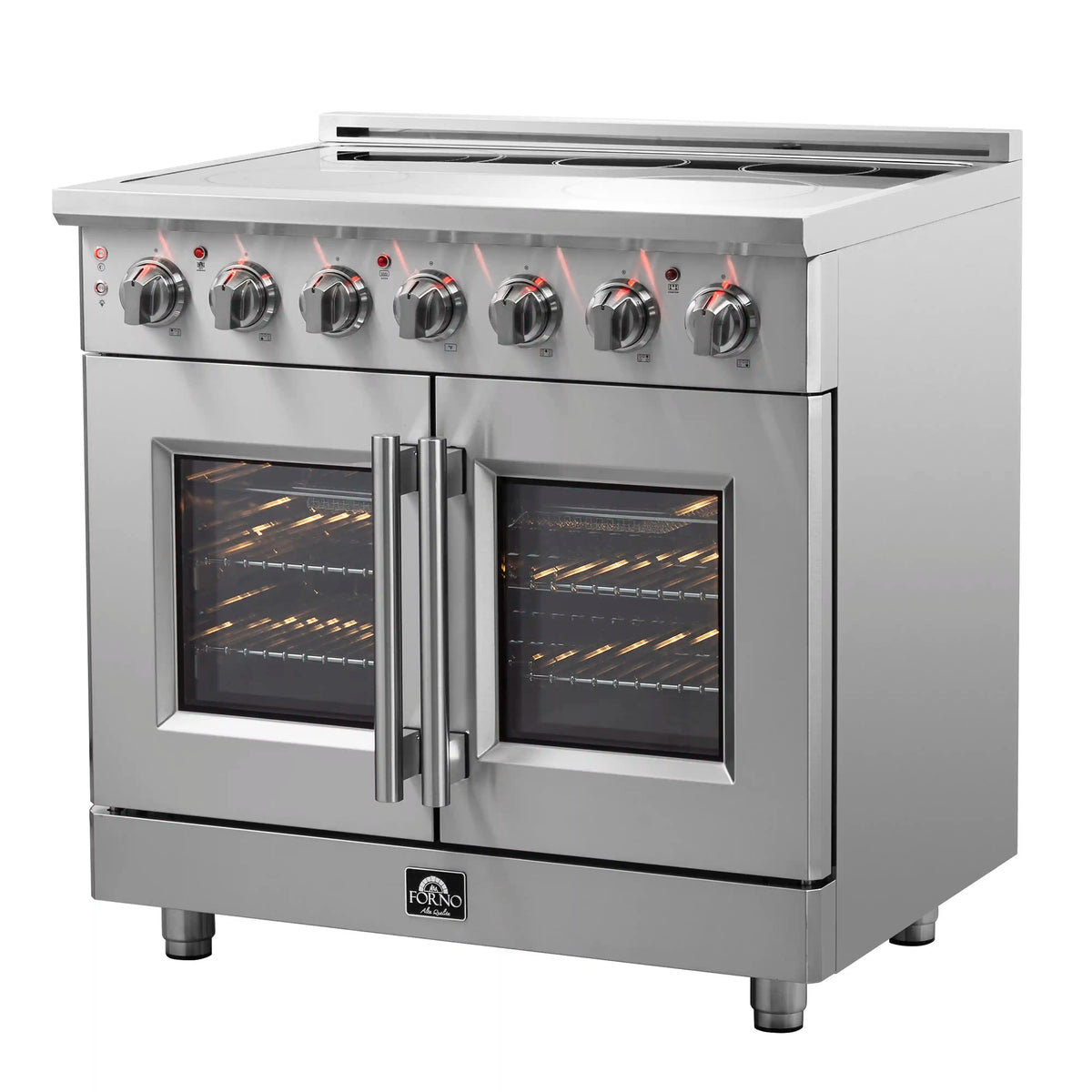 Stainless electric range with two oven doors open and glowing oven racks visible through glass