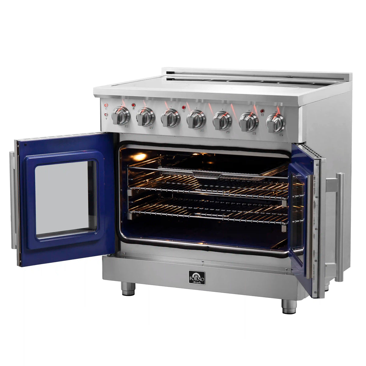 Electric range with one oven door open showing rack shelves and blue side frame panels