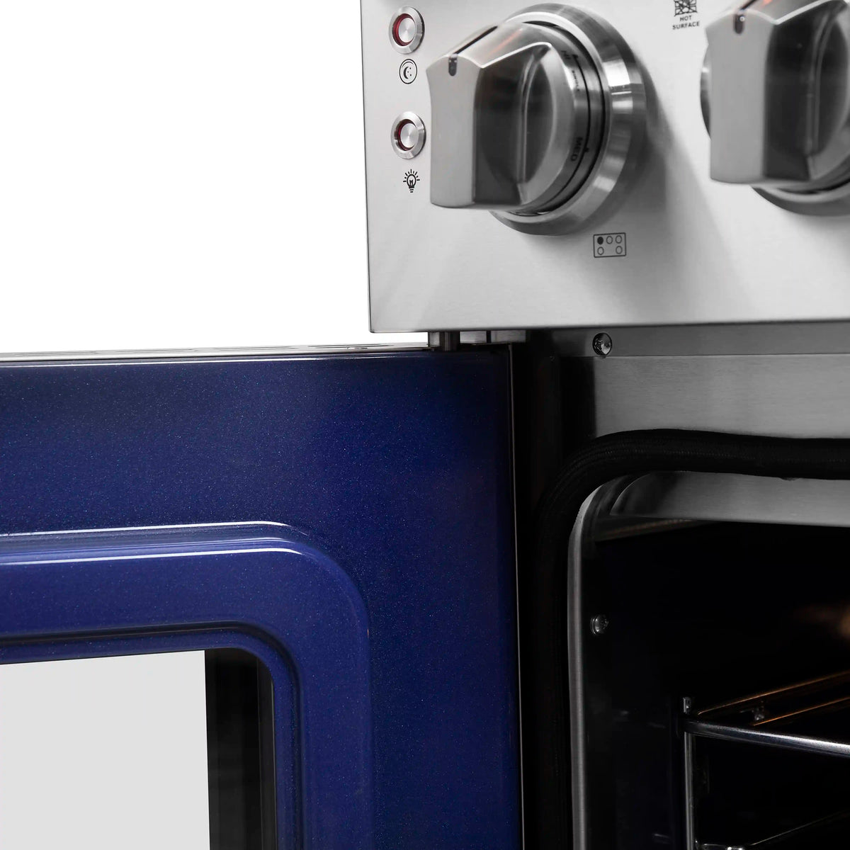 Close-up of oven control area above an open oven with blue side panel and handle
