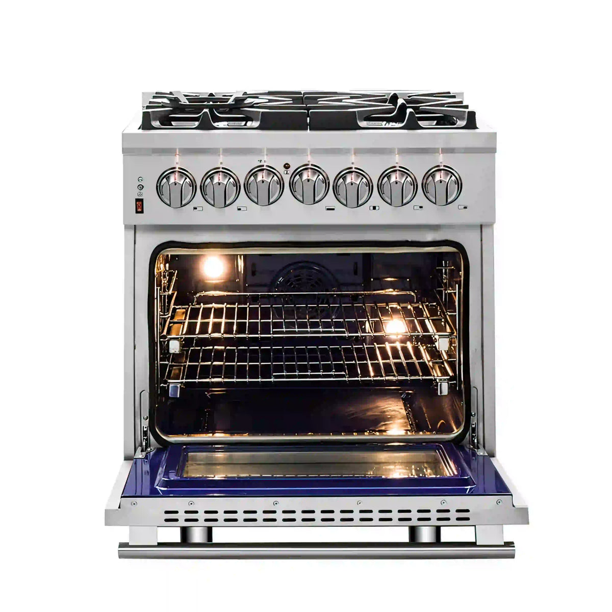 Dual fuel range with open oven door, racks inside, and illuminated stainless interior