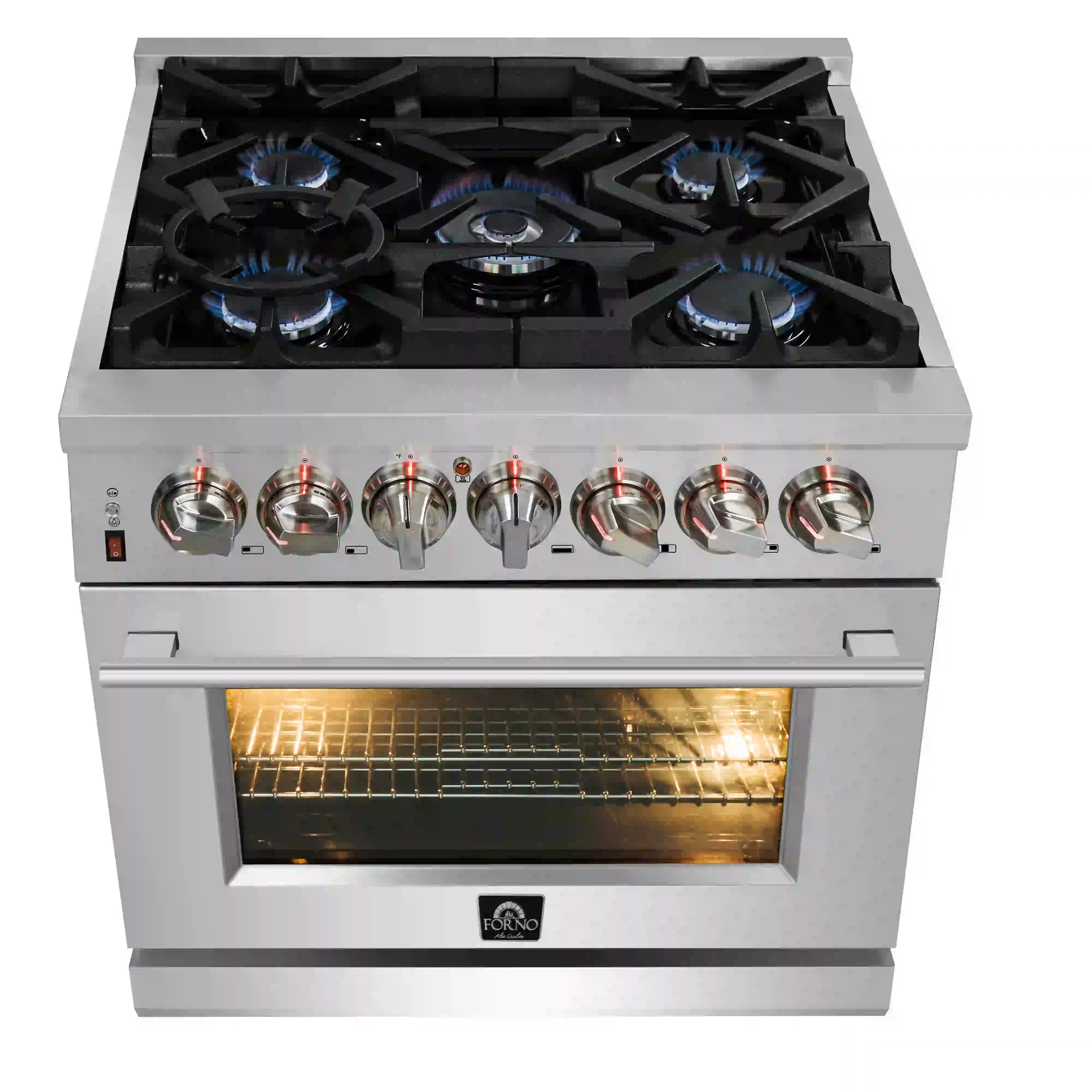 Stainless steel dual fuel range with 5 gas burners and glass-front oven door
