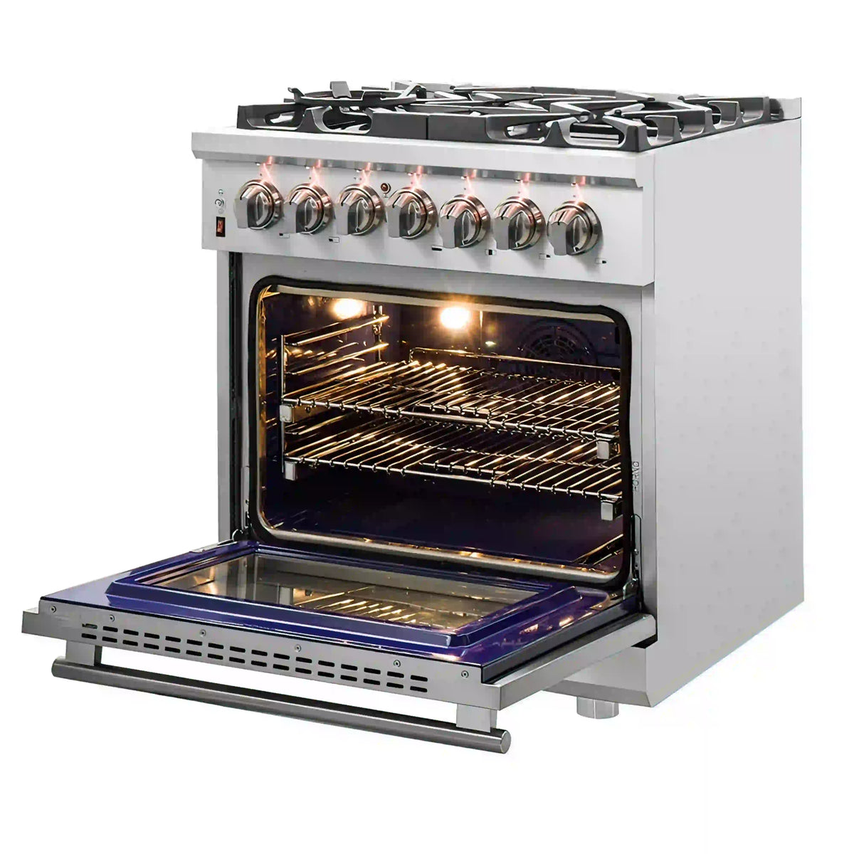 Open oven door of stainless steel dual fuel range with interior racks and lights on