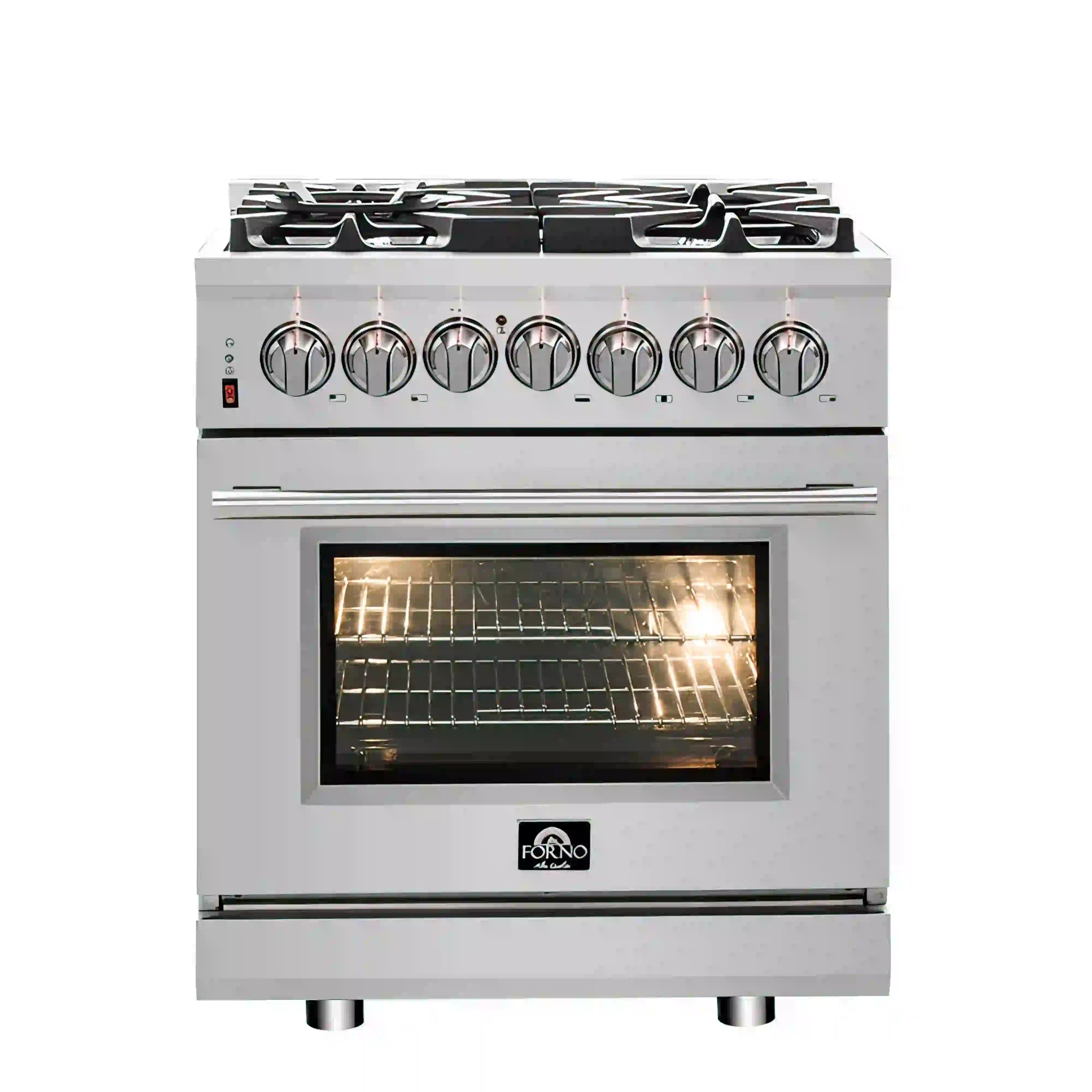 Front view of stainless steel range with control knobs and illuminated oven cavity
