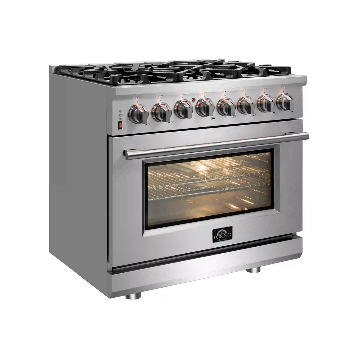 Stainless steel dual fuel range with front oven window and side gas burner knobs