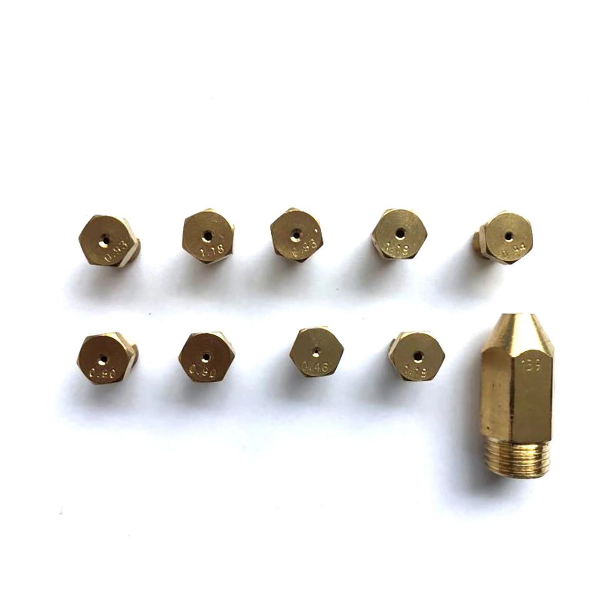 Brass gas burner orifice set with hex caps and threaded base