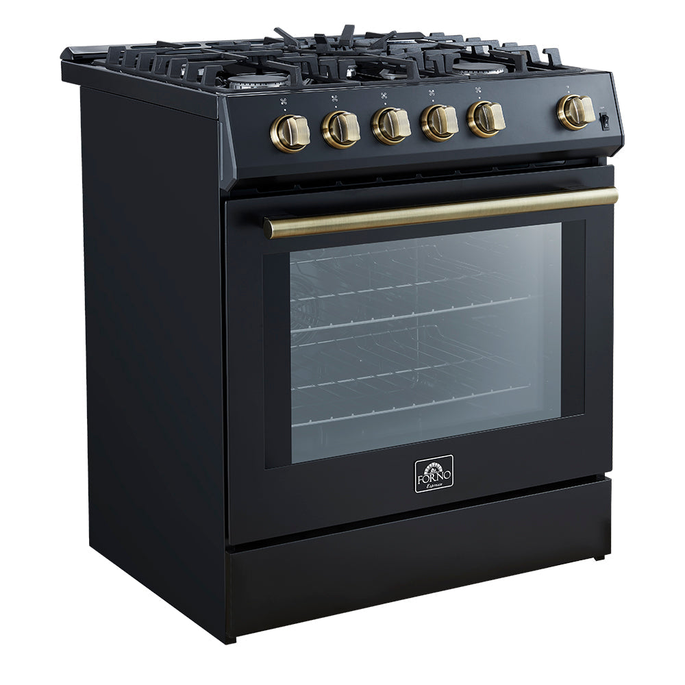 Black gas range side view with brass-trimmed knobs and oven door window.