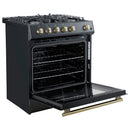 Forno 3-Piece Appliance Package - 30-Inch Gas Range, Under Cabinet Range Hood, and Refrigerator in Black with Antique Brass Trim