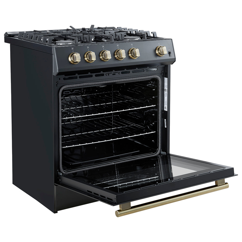Black gas range with open oven door and brass bottom trim bar.