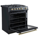 Forno 5-Piece Appliance Package - 30-Inch Gas Range, Under Cabinet Range Hood, Refrigerator, Dishwasher, and 30-Inch Microwave Drawer in Black with Antique Brass Trim
