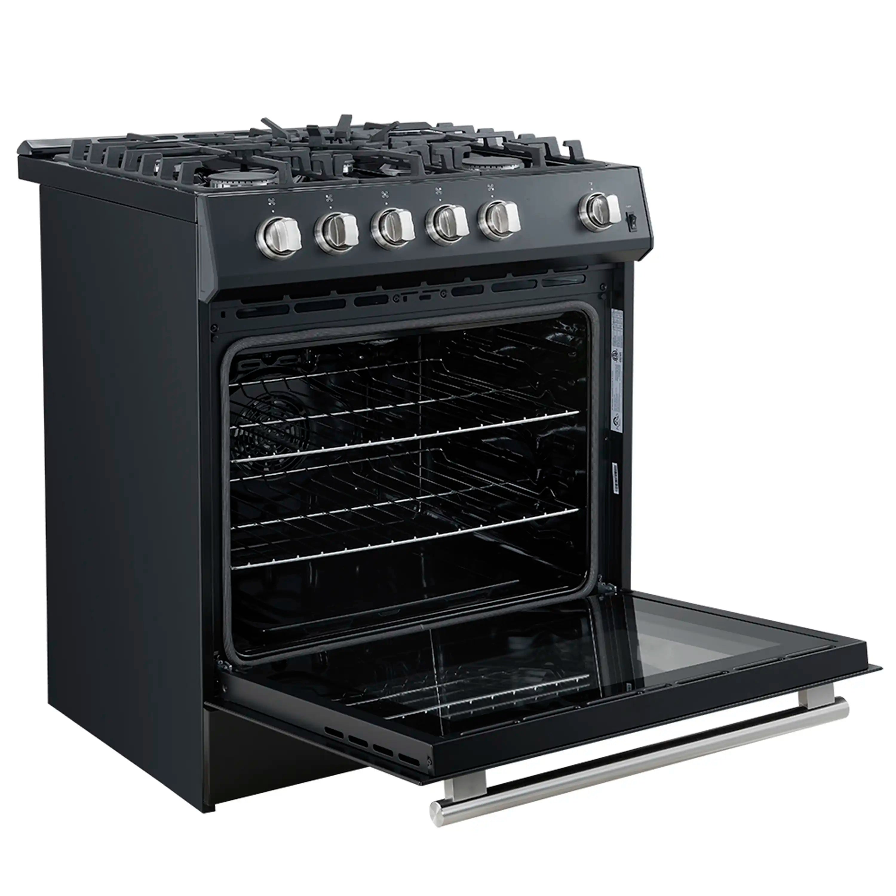 Black gas range with open oven door and wire rack inside