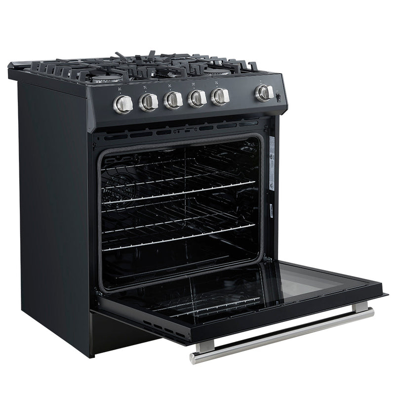 Forno 5-Piece Appliance Package - 30-Inch Gas Range, Under Cabinet Range Hood, Refrigerator, Dishwasher, and 24-Inch Microwave Oven in Black with Stainless Steel Trim