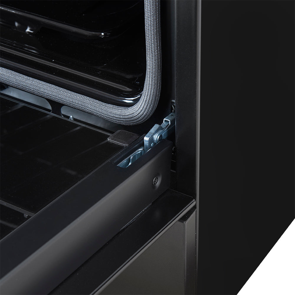 Black gas range rear connection with flexible tubing and metal bracket