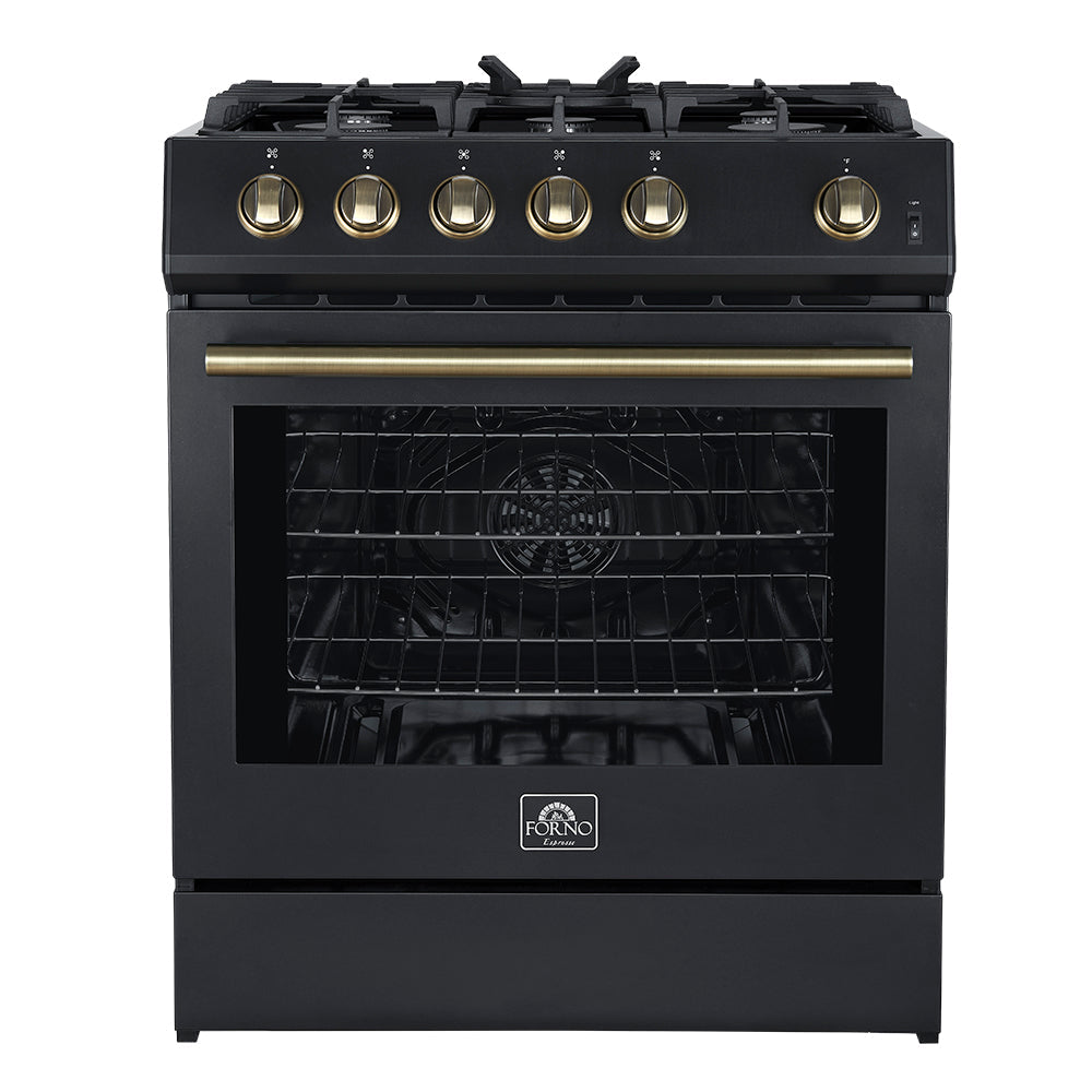 Black 30-inch gas range with brass control knobs and large windowed oven door