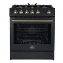 Forno 4-Piece Appliance Package - 30-Inch Gas Range, Under Cabinet Range Hood, Refrigerator, and Dishwasher in Black with Antique Brass Trim