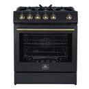 Forno 5-Piece Appliance Package - 30-Inch Gas Range, Under Cabinet Range Hood, Refrigerator with Water Dispenser, Dishwasher, and 24-Inch Microwave Oven in Black with Antique Brass Trim