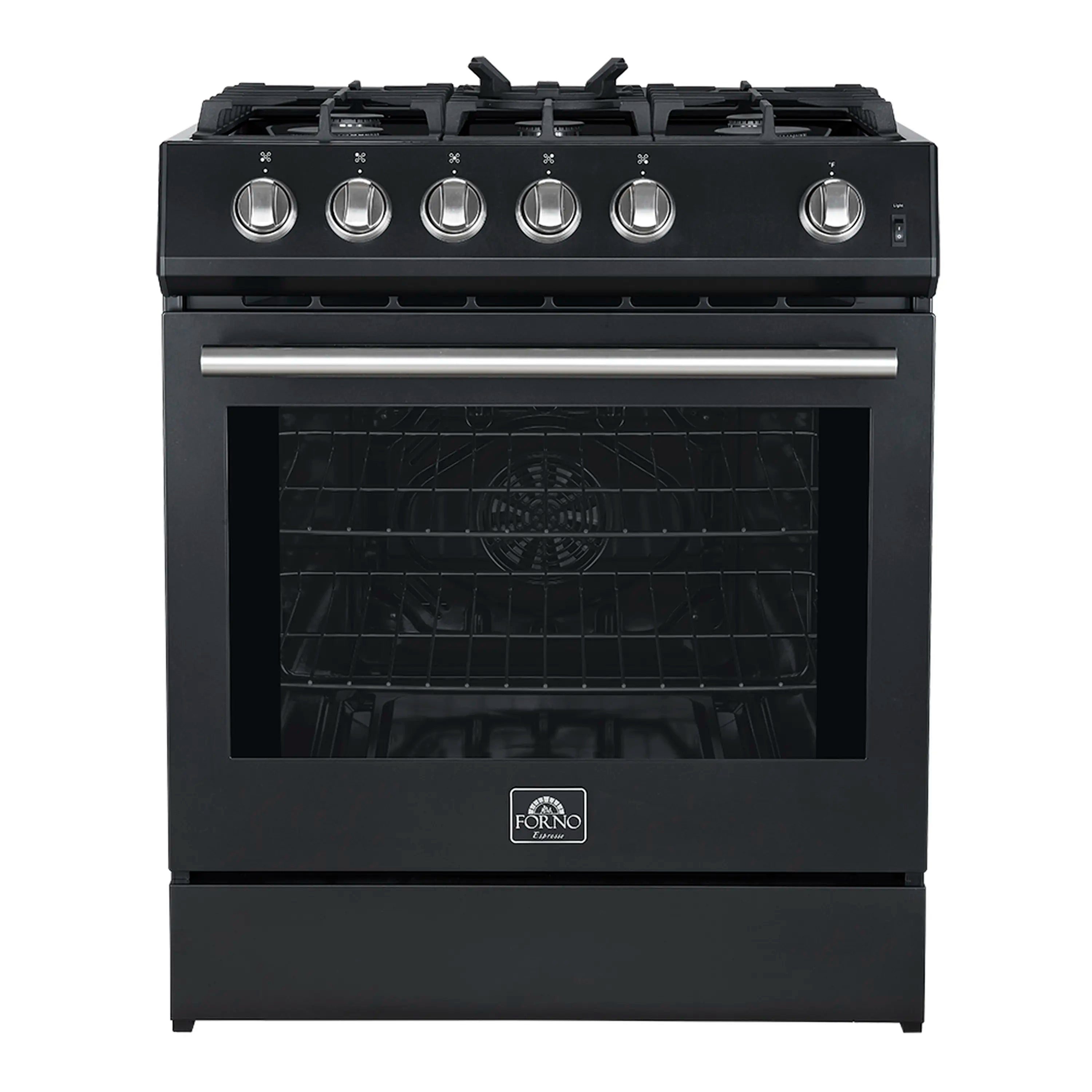 Black gas range with stainless control knobs and glass oven door