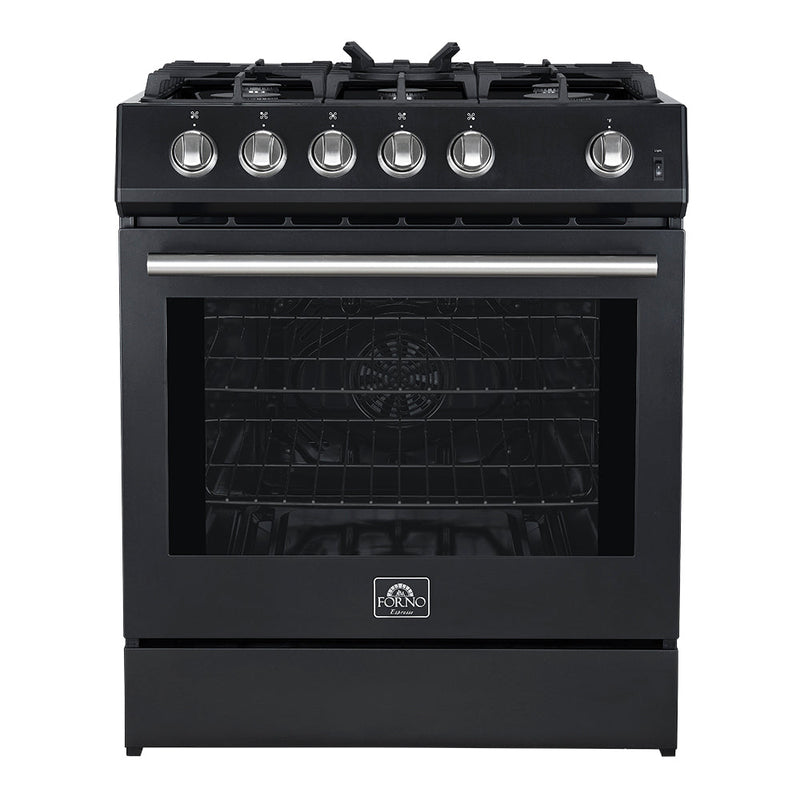Forno 5-Piece Appliance Package - 30-Inch Gas Range, Under Cabinet Range Hood, Refrigerator, Dishwasher, and 30-Inch Microwave Oven in Black with Stainless Steel Trim