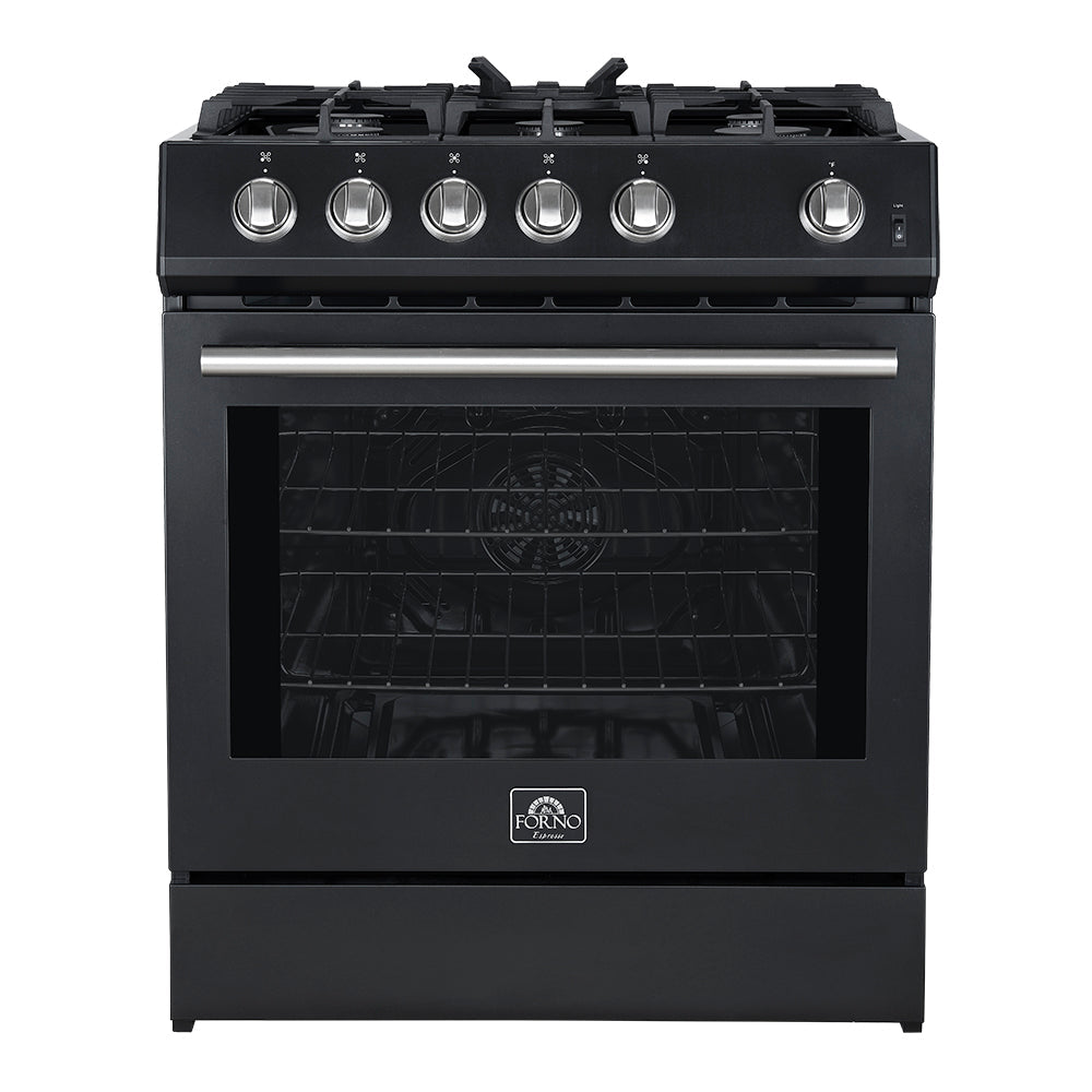 Black 30-inch gas range with stainless trim and windowed oven door