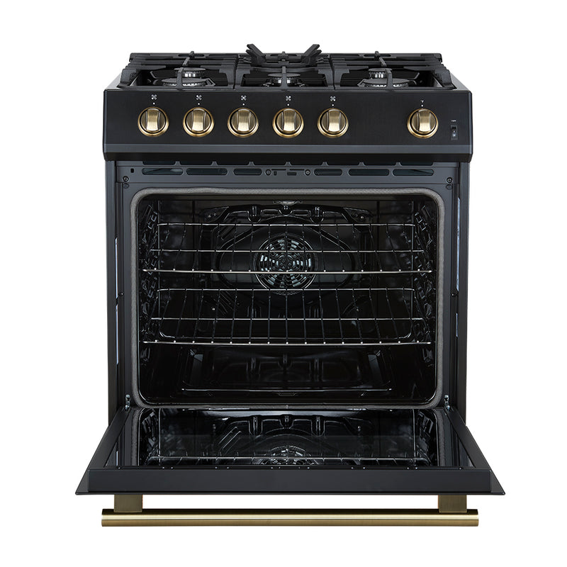 Forno Leonardo Espresso 30-Inch Gas Range in Black with Antique Brass Trim (FFSGS1116-30BLK)