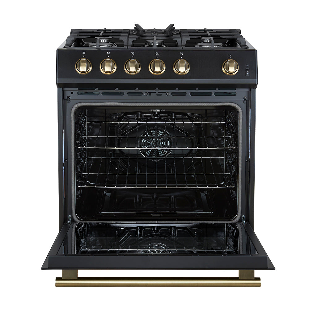 Black gas range with oven door open, showing racks and burners, brass control trim.