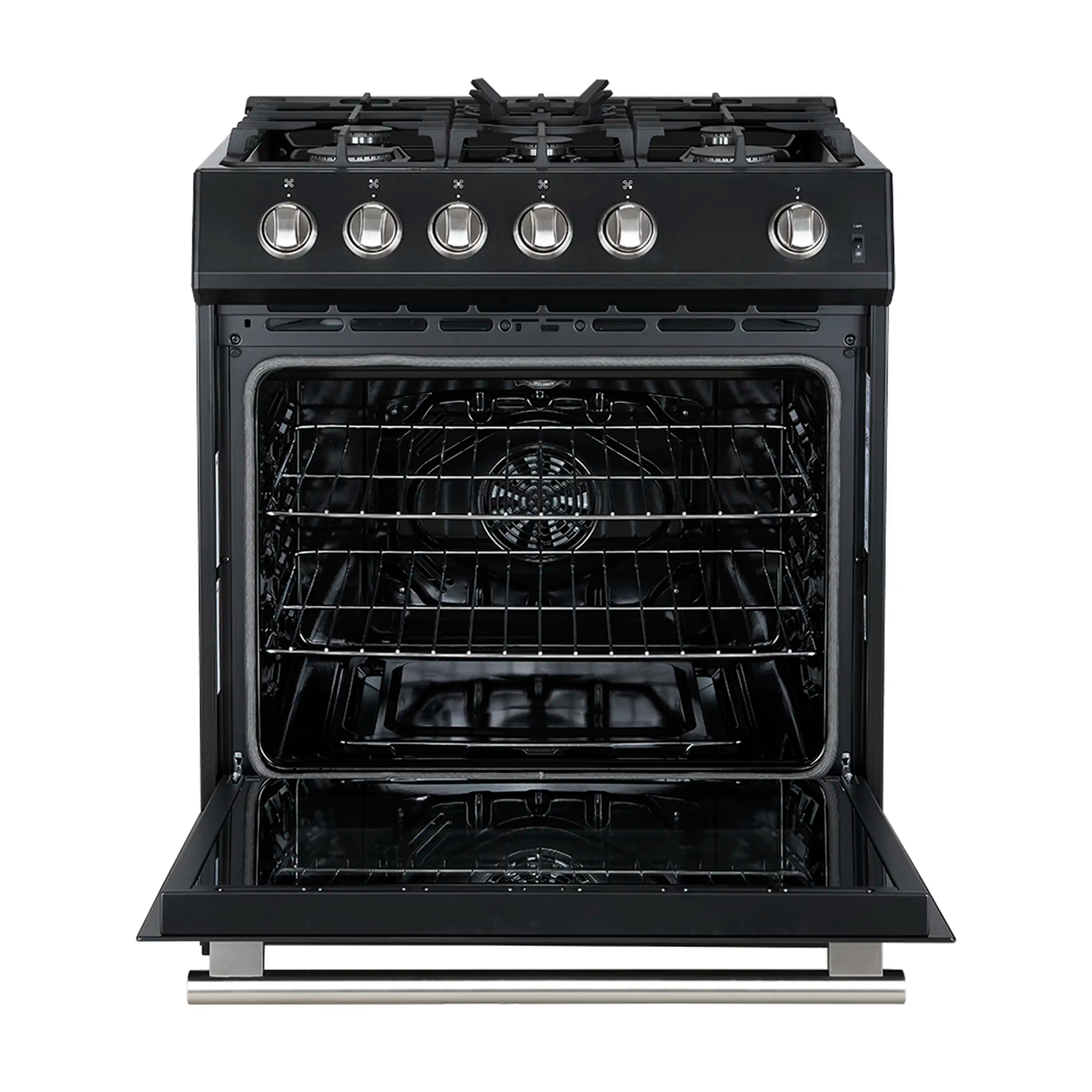Black Forno gas range with open oven door and visible racks and burner area
