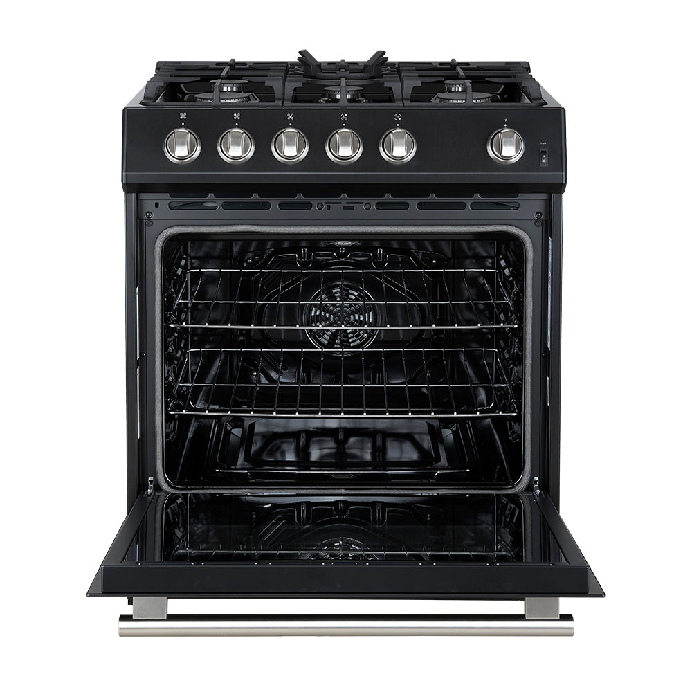 Black 30-inch gas range with open oven door and stainless oven door trim