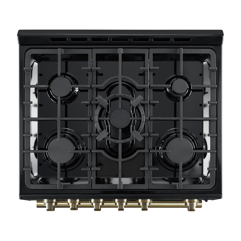 Black gas cooktop with four cast-iron grates and brass-toned burner knobs.