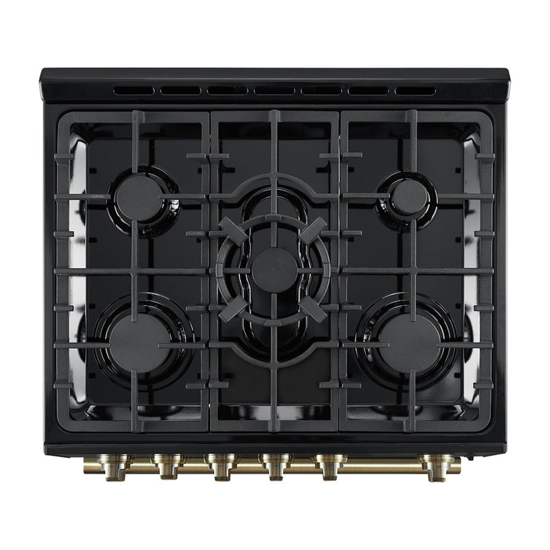 Forno 2-Piece Appliance Package - 30-Inch Gas Range & Refrigerator in Black with Antique Brass Trim