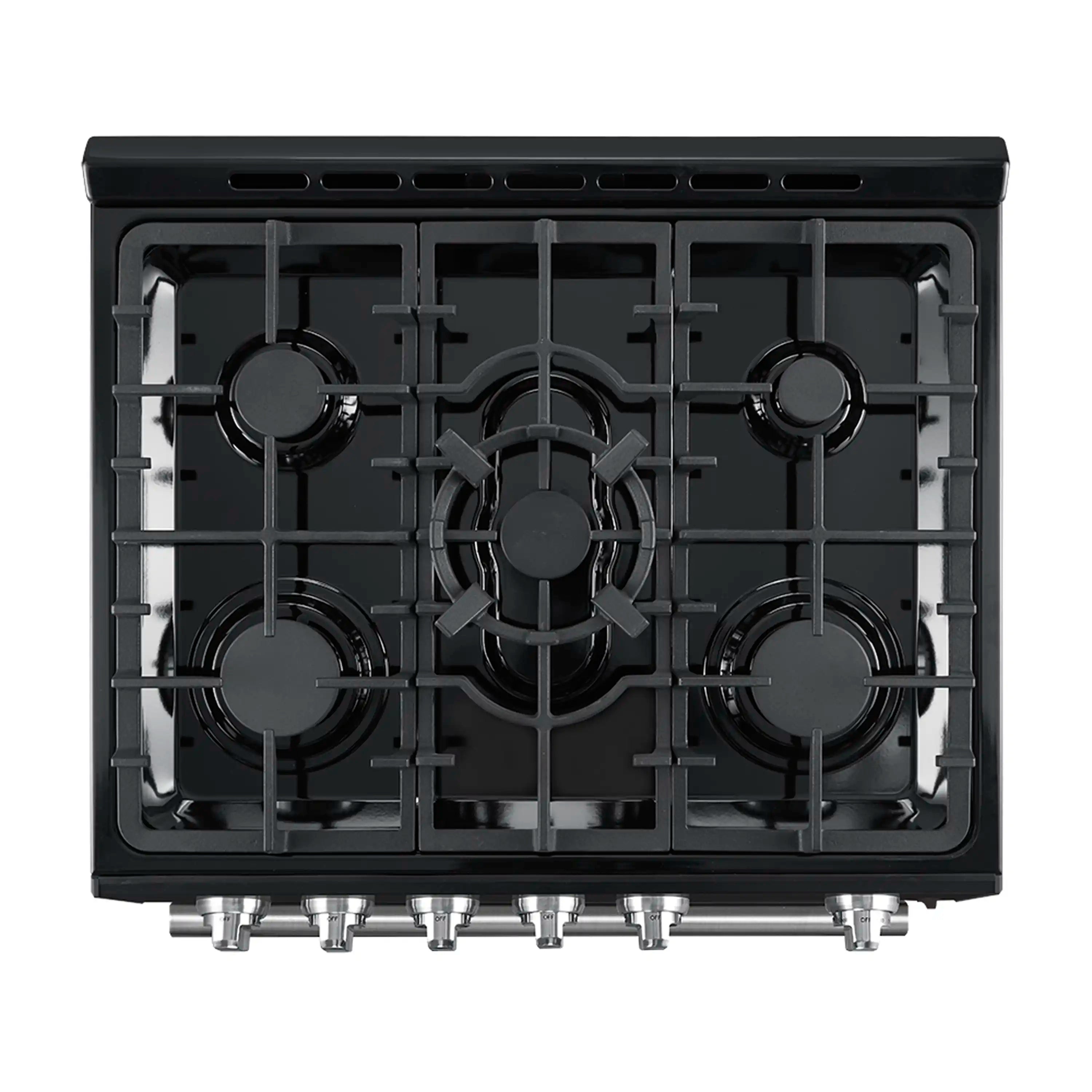 Black cooktop with four cast grates and centered burner cap