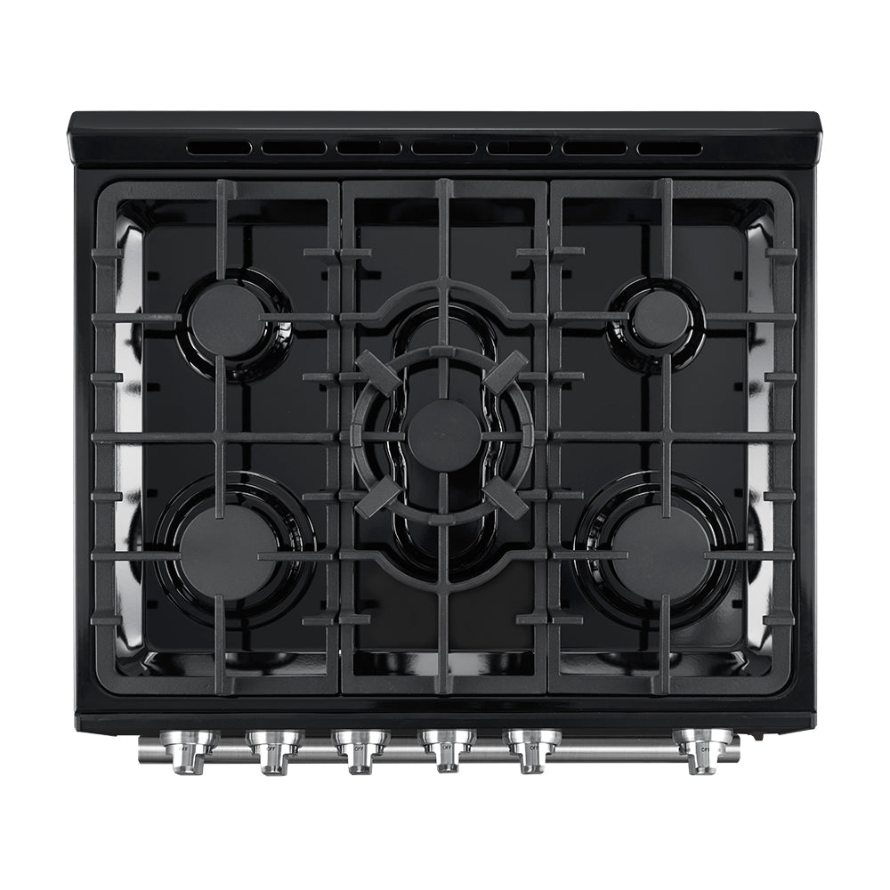 Black gas range cooktop with four burners and cast grates