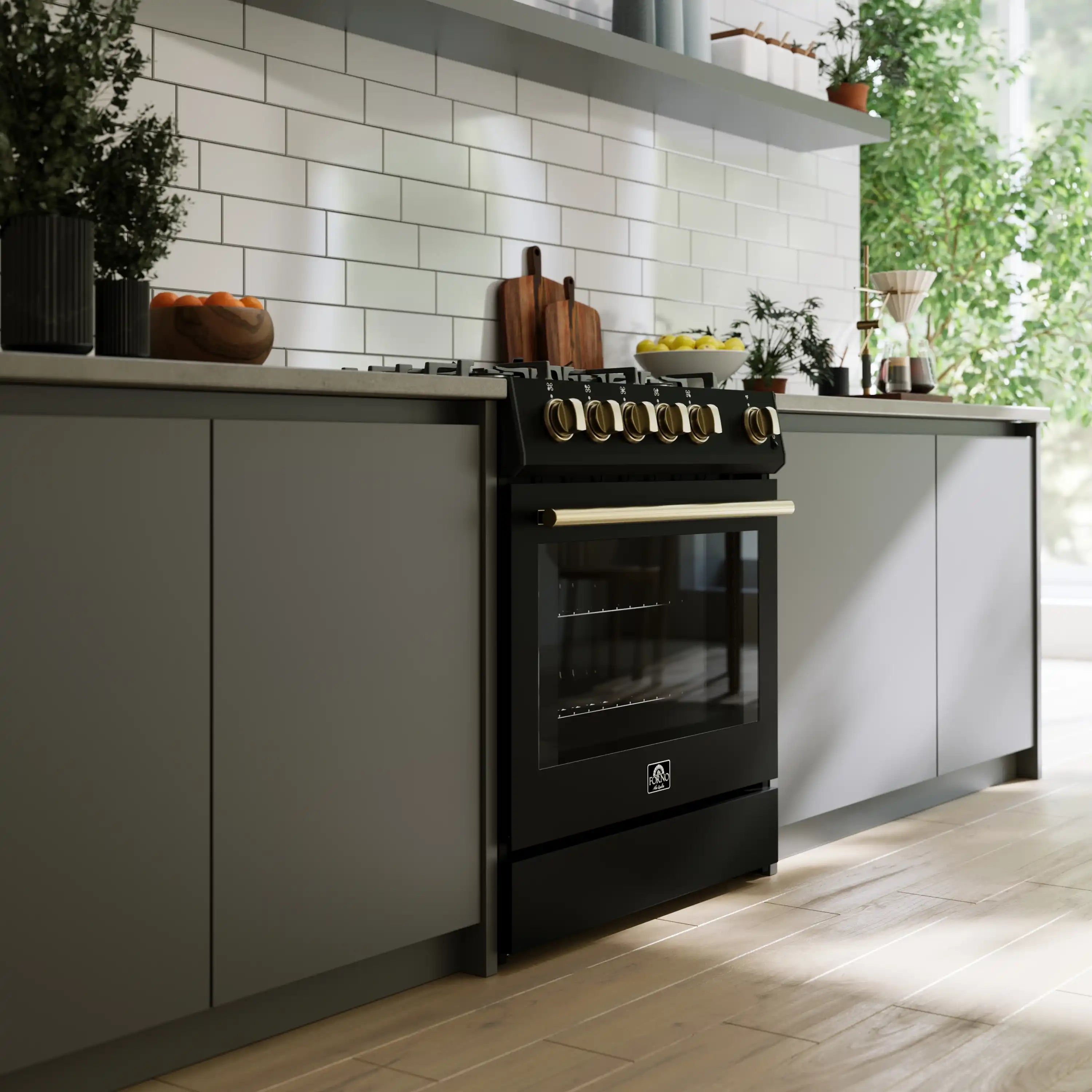 Black built-in gas range with antique brass accents and open oven window
