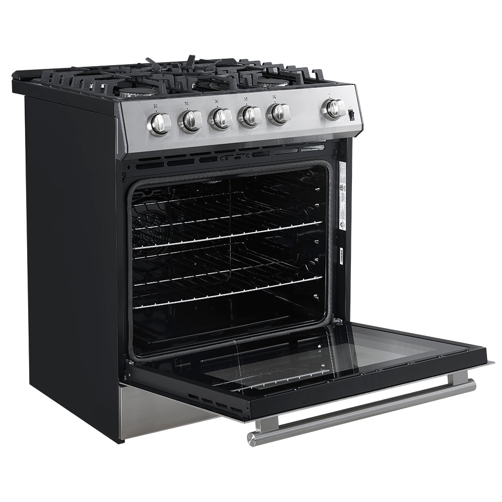 Black-and-stainless gas range with open oven door and slide-out rack
