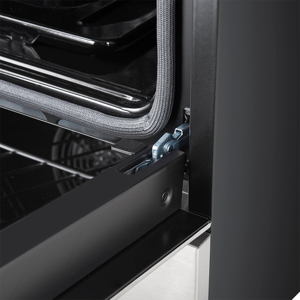 Gas range oven door seal and interior rack edge with metal brackets