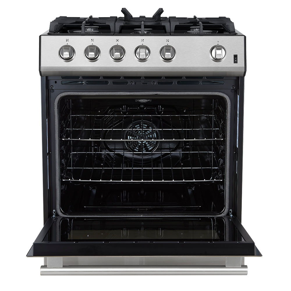 Stainless gas range with open oven door, black interior and front control knobs