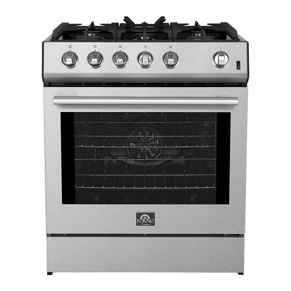 Stainless gas range with five burners and glass oven door, front view