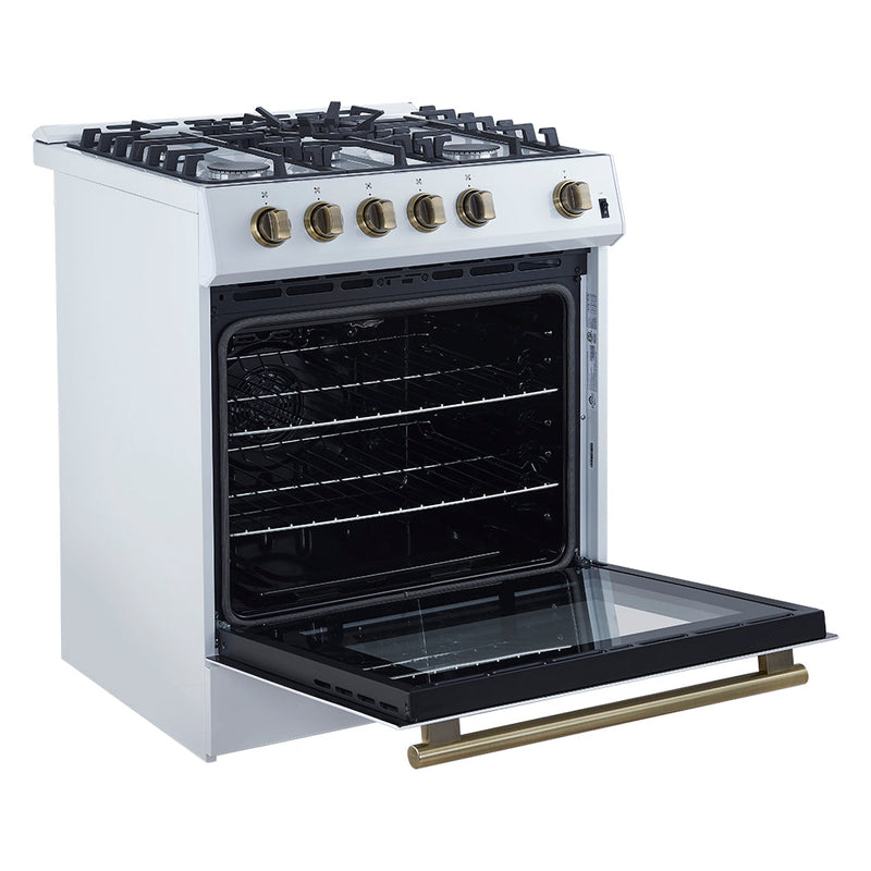 Forno 5-Piece Appliance Package - 30-Inch Gas Range, Under Cabinet Range Hood, Refrigerator, Dishwasher, and 30-Inch Microwave Drawer in White with Antique Brass Trim
