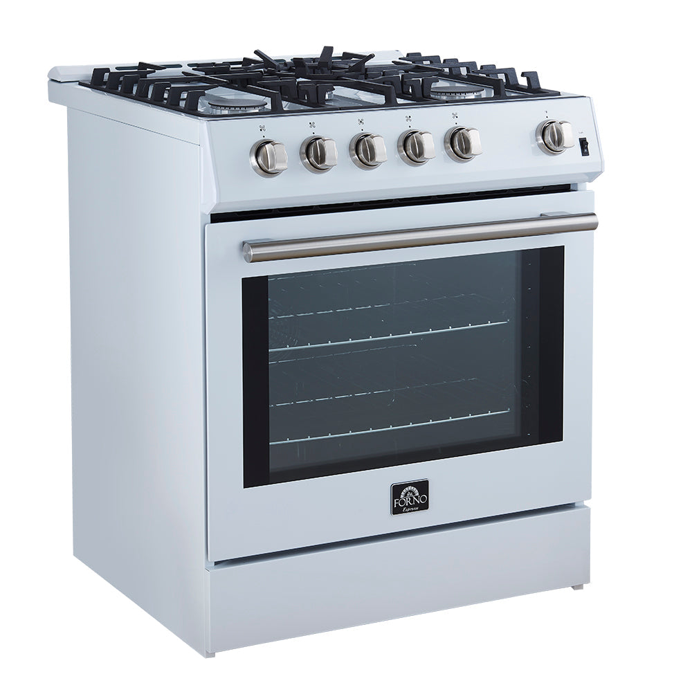 White gas range with stainless trim, control knobs, and black oven door window