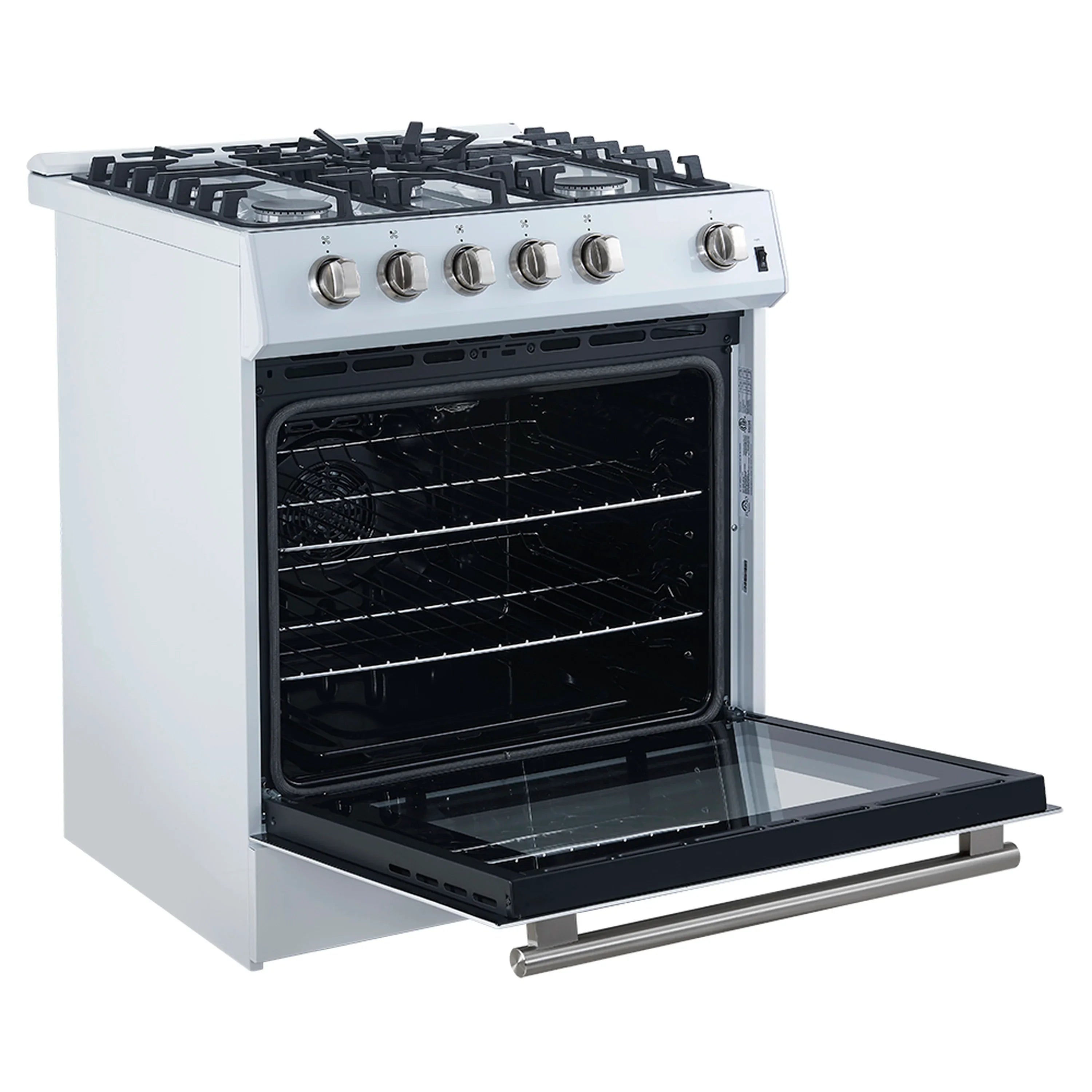 White gas range with brass control knobs; open oven with baking rack