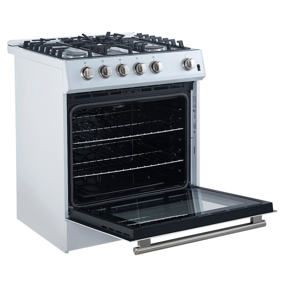 White gas range with open oven door and burner controls