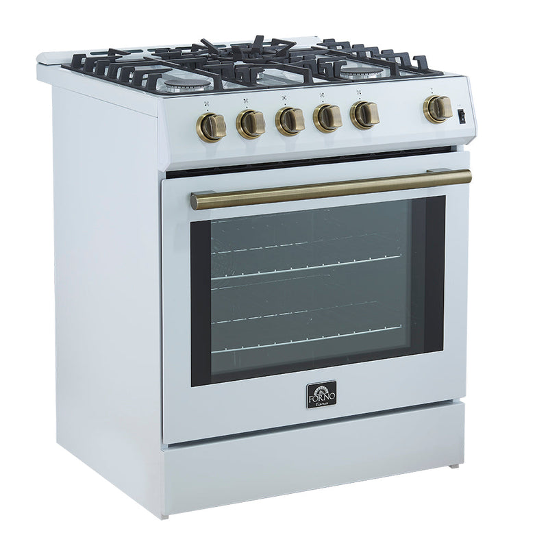 Forno 5-Piece Appliance Package - 30-Inch Gas Range, Under Cabinet Range Hood, Refrigerator with Water Dispenser, Dishwasher, and 24-Inch Microwave Oven in White with Antique Brass Trim