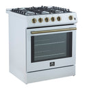 Forno 5-Piece Appliance Package - 30-Inch Gas Range, Under Cabinet Range Hood, Refrigerator with Water Dispenser, Dishwasher, and  Microwave Drawer in  White with Antique Brass Trim