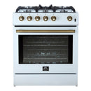 Forno 5-Piece Appliance Package - 30-Inch Gas Range, Under Cabinet Range Hood, Refrigerator with Water Dispenser, Dishwasher, and  30-Inch Microwave Oven in White with Antique Brass Trim