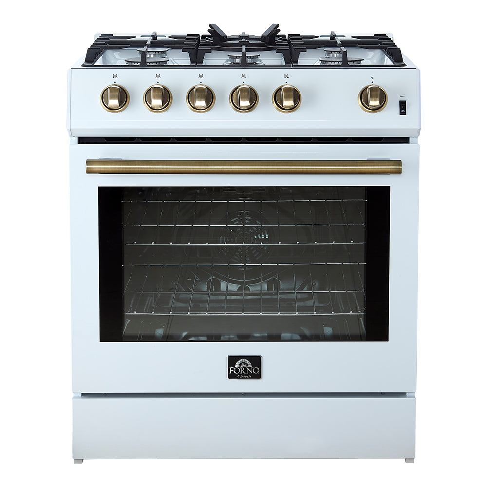 White 30-inch gas range with black glass oven door and antique brass control knobs